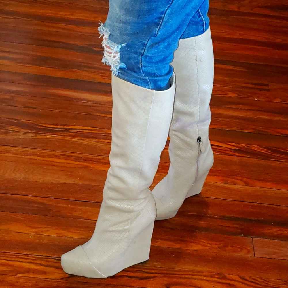 Leather Snakeskin Platform Knee Boots